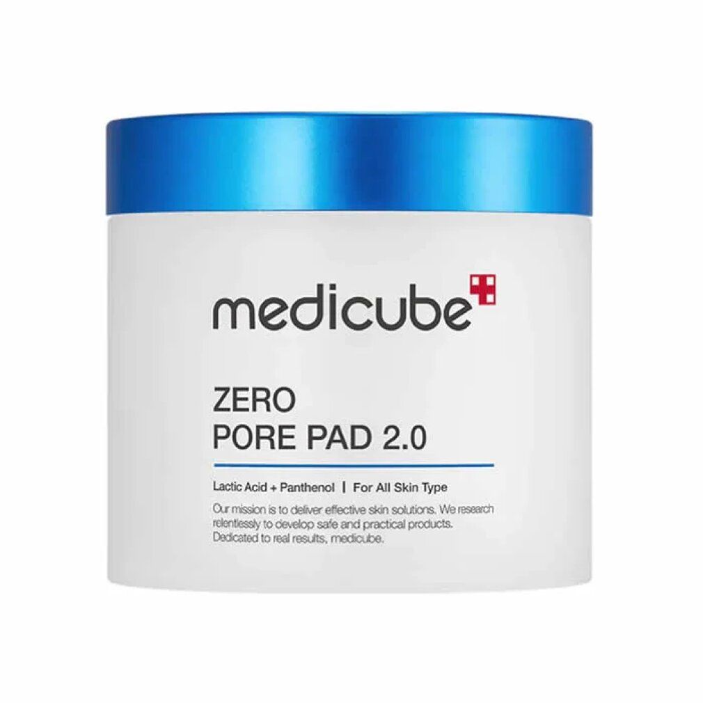 Medicube Zero Pore Pad 2.0: Weißer Behälter mit blauem Deckel und Produktinformationen.