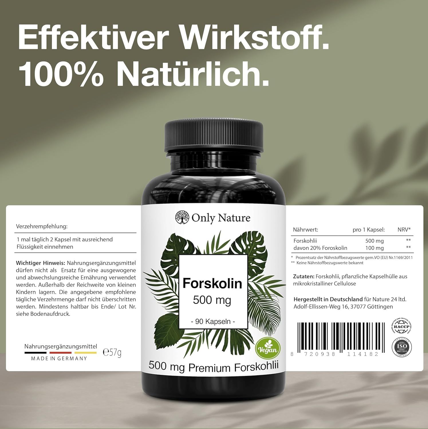 Flasche mit Etikett. Text: Forskolin 500 mg, 90 Kapseln. Text: Effektiver Wirkstoff. 100% Natürlich. Vegan-Siegel. Made in Germany.