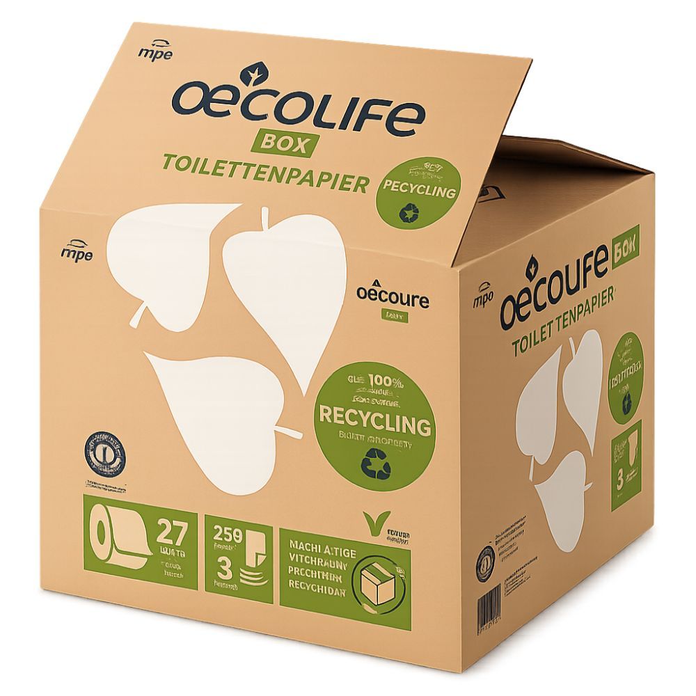 Kartonbox mit oecolife-Logo und Text. Enthält Toilettenpapier. Recycling-Hinweis und Blatt-Illustrationen.