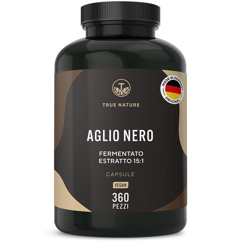 Flacone scuro di capsule. Scritta: Aglio nero, fermentato, estratto 15:1, capsule, vegano, 360 pezzi. Made in Germany.