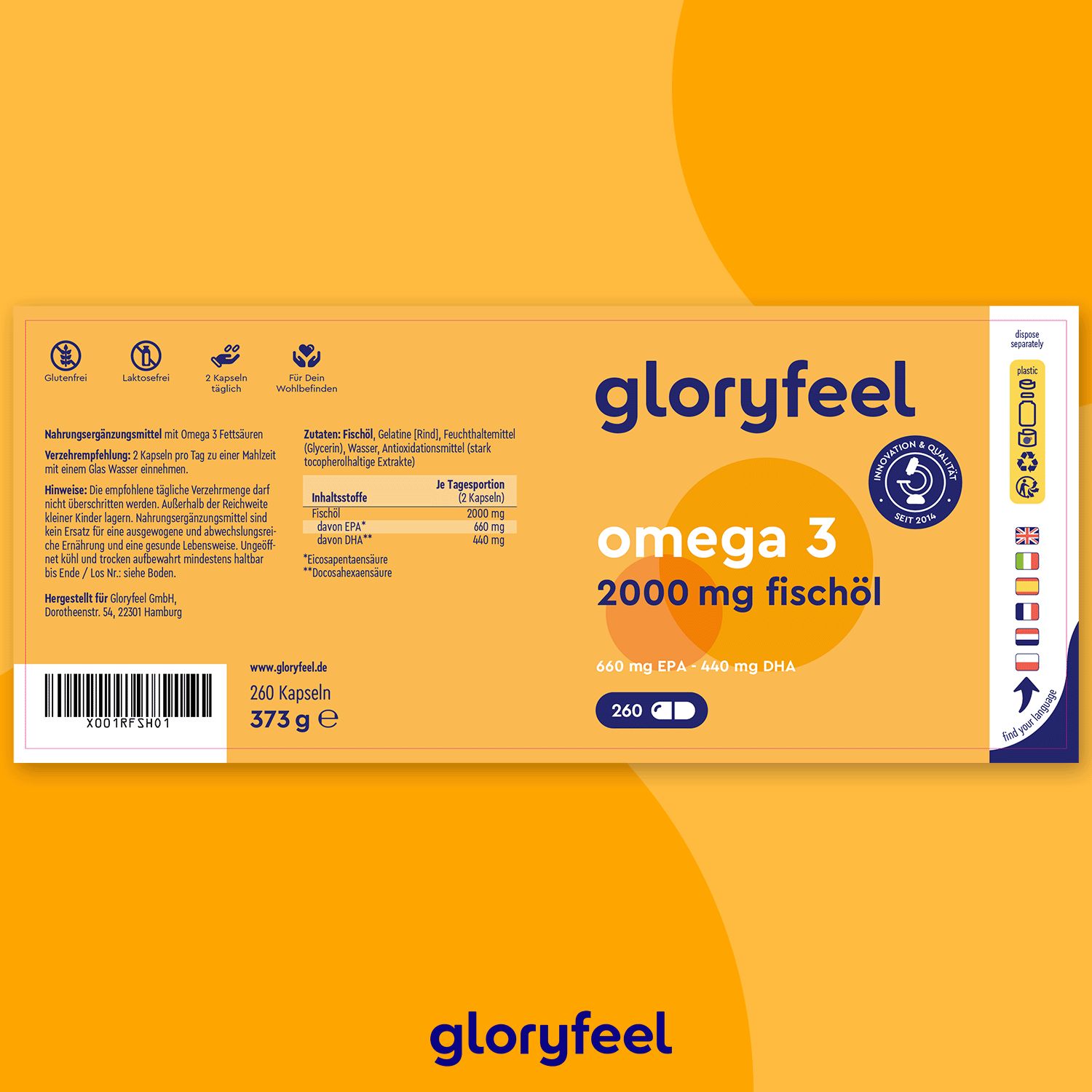 gloryfeel ® Omega 3 Fischöl 660mg EPA und 440mg DHA Kapseln 260 St