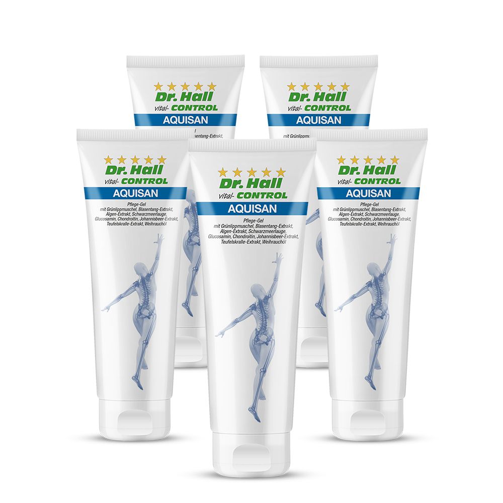 Fünf Tuben Dr. Hall Aquisan Pflege-Gel. Weiße Tuben mit blauer Schrift und Abbildung einer Person. Produktname und Sterne.