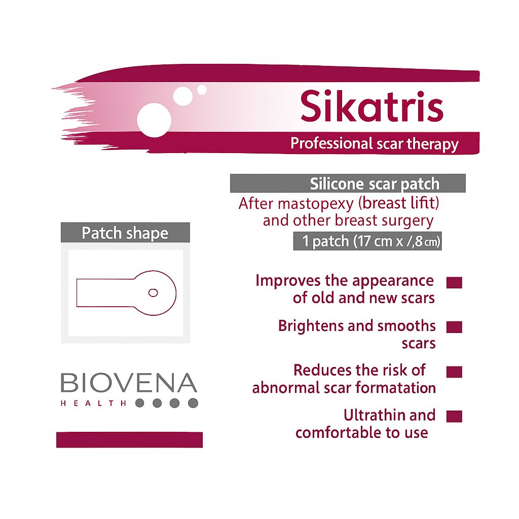 Verpackung mit Text: Sikatris. Professionelle Narbentherapie. Biovena Health Logo. Produktbeschreibung.