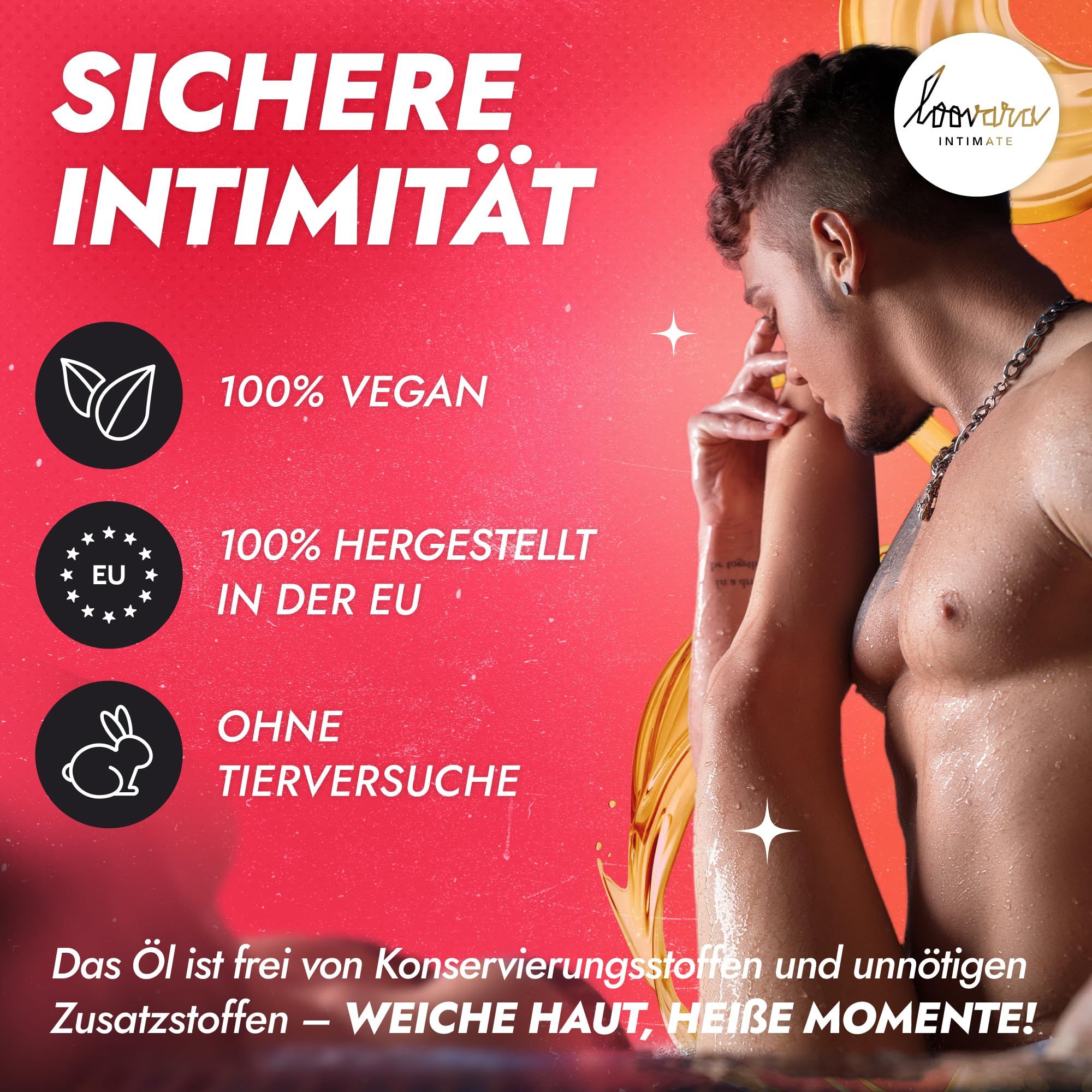 Flasche Massageöl mit Aufschrift "Happy Hand". "Perfekt fürs Vorspiel".