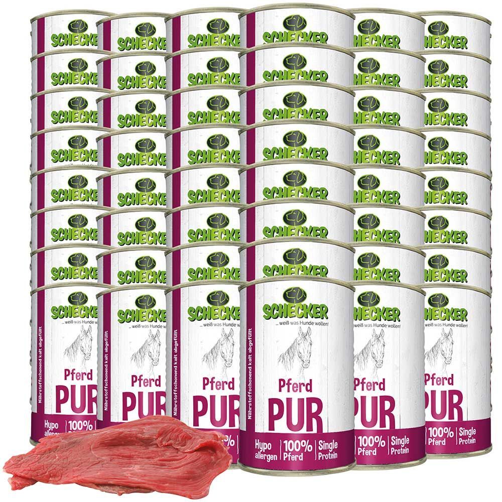 Dosenfutter für Hunde, Pferd PUR, in Dosen gestapelt. Daneben rohes Pferdefleisch.