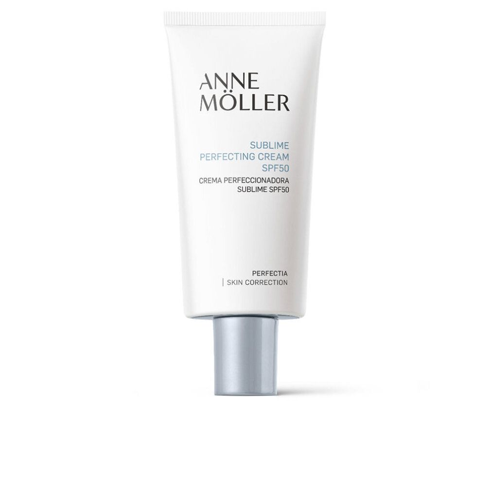 Weiße Tube mit silbernem Verschluss. Aufschrift: Anne Möller, Sublime Perfecting Cream SPF50. Perfektia Skin Correction.