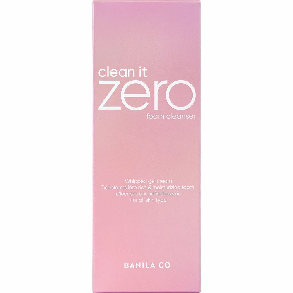 Rosa Verpackung mit weißer Aufschrift "clean it zero foam cleanser" und "BANILA CO".