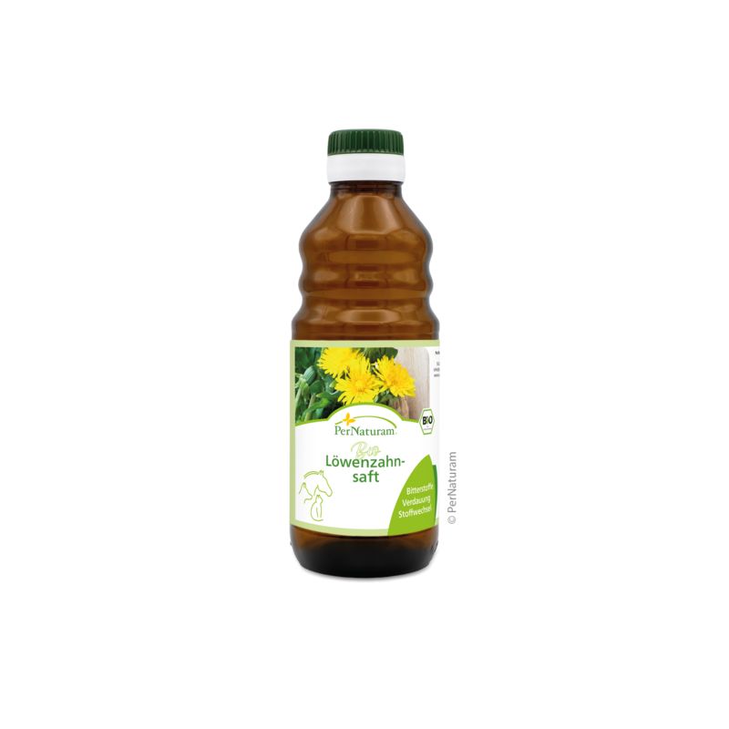 Braune Glasflasche mit grünem Deckel und Etikett. Etikett mit Löwenzahn-Illustration und Text. Bio-Zertifizierung.