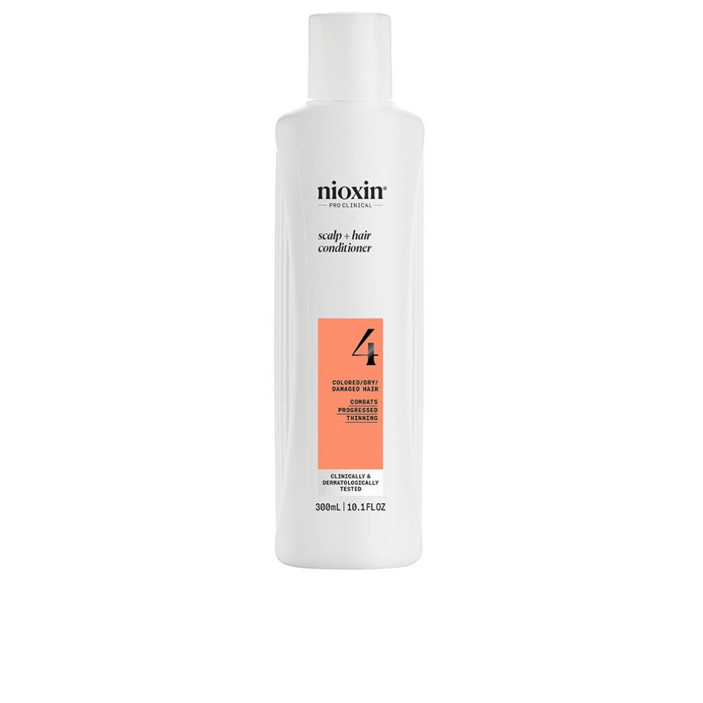 Weiße Flasche mit Nioxin-Logo und Aufschrift "scalp + hair conditioner". Orangefarbenes Etikett mit "4". Für coloriertes Haar.