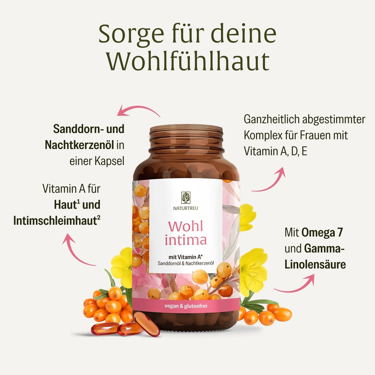 Flasche mit Sanddorn- und Nachtkerzenöl-Kapseln, mit Vitamin A, D, E. Vegan & glutenfrei.