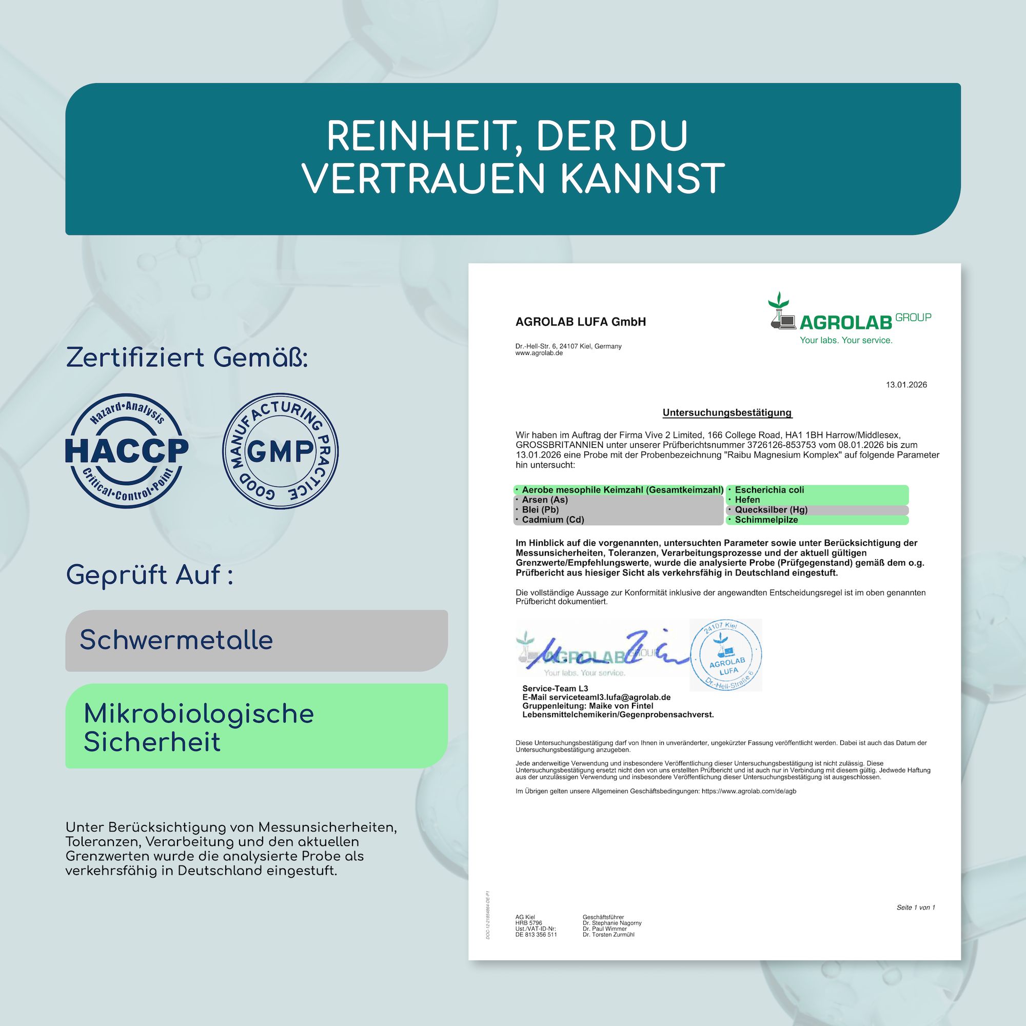 Zertifizierungsdokument. Text: Reinheit, der du vertrauen kannst. Zertifiziert gemäß HACCP, GMP. Geprüft auf Schwermetalle.