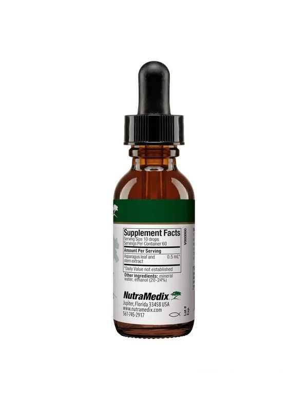 Rückseite einer braunen Glasflasche mit Tropfer. Etikett mit Nährwertangaben und Marke NutraMedix. Text in Englisch.