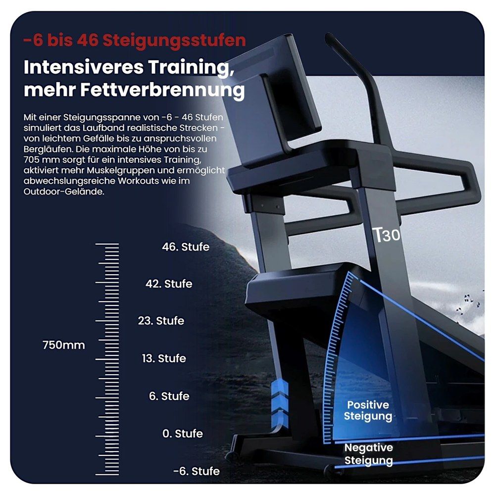 AsVIVA Laufband T30 Pro Max Climb Marathon mit Steigungsstufen von -6 bis 46.