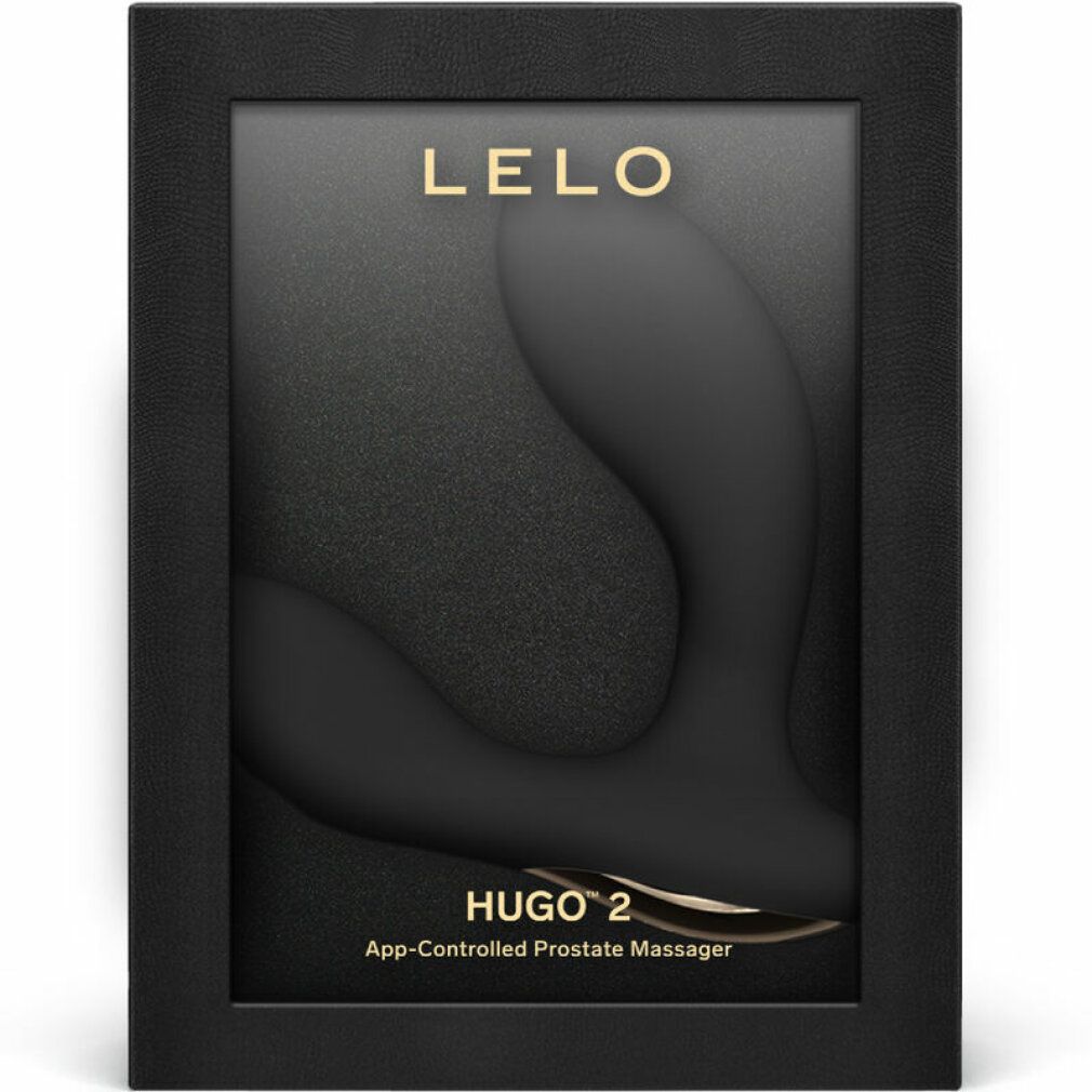 Schwarze Produktverpackung. LELO und HUGO 2 Schriftzug. App-gesteuerter Prostatamassage.