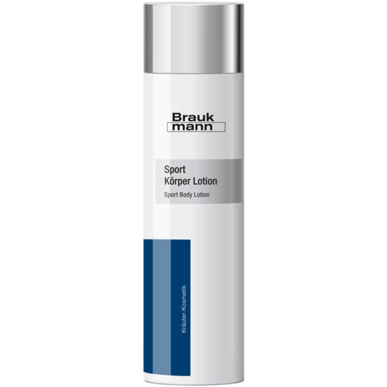 Braukmann Sport Körper Lotion. Weiße Flasche mit silbernem Deckel. Text: Sport Körper Lotion, Kräuter-Kosmetik.
