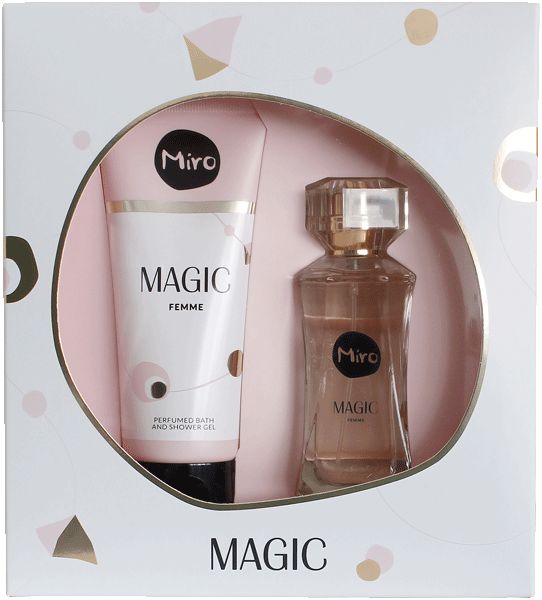 Geschenkset mit Flakon und Duschgel. Flakon mit goldfarbenem Verschluss. Duschgel-Tube mit schwarzem Verschluss. Beide mit Schriftzug "Magic".