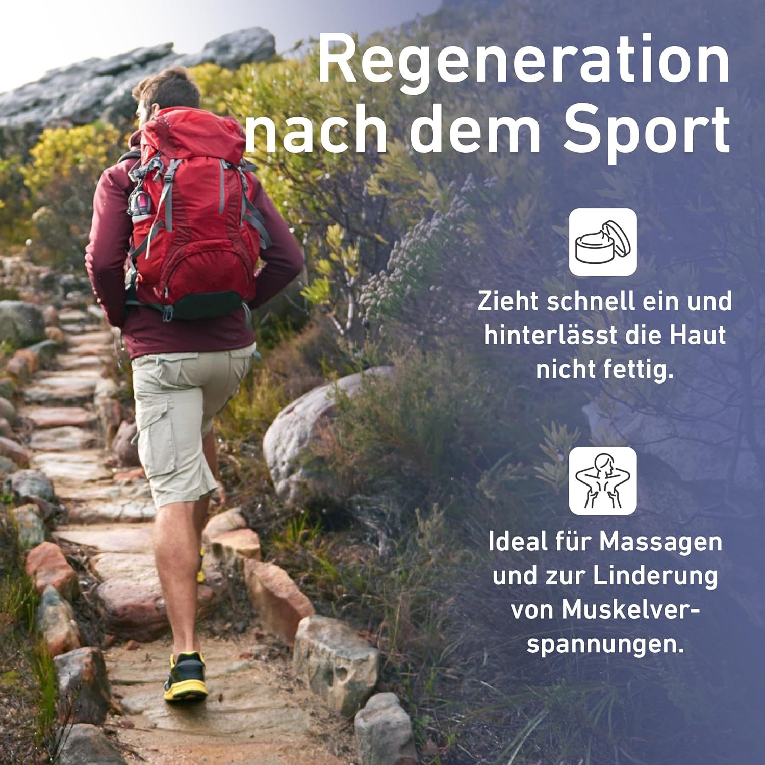 Mann mit Rucksack wandert auf einem Pfad. Text: Regeneration nach dem Sport. Icons und Text über Produktvorteile: Zieht schnell ein, nicht fettend.