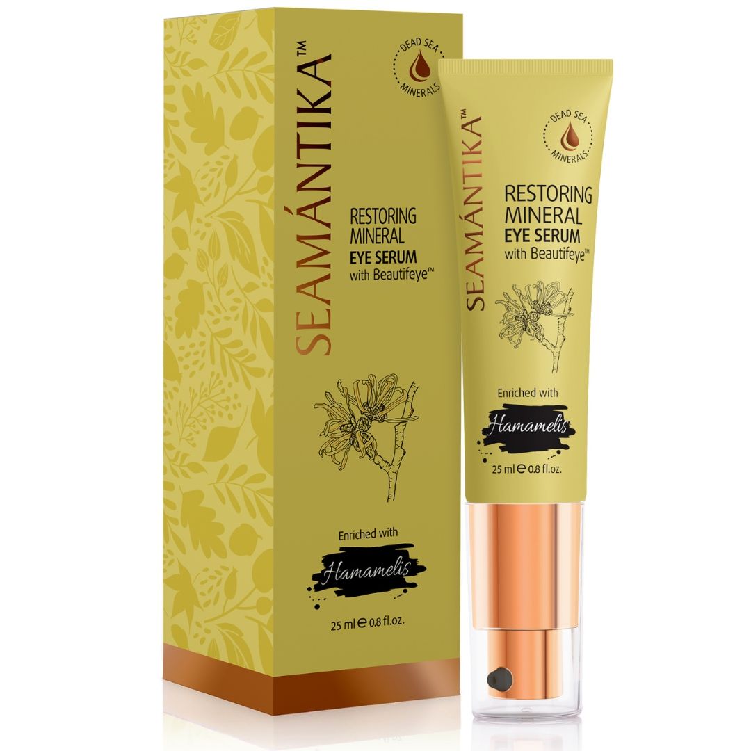 Gelbe Tube und Schachtel mit Produktaufdruck. Aufschrift: SEAMANTIKA, Restoring Mineral Eye Serum, Hamamelis, 25 ml.