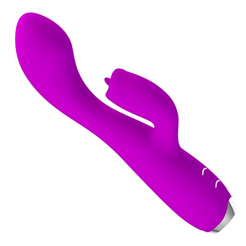Lila Vibrator mit Kaninchenohren-Design. Sichtbare Steuerungstasten. Glatte Oberfläche. Auf weißem Hintergrund.