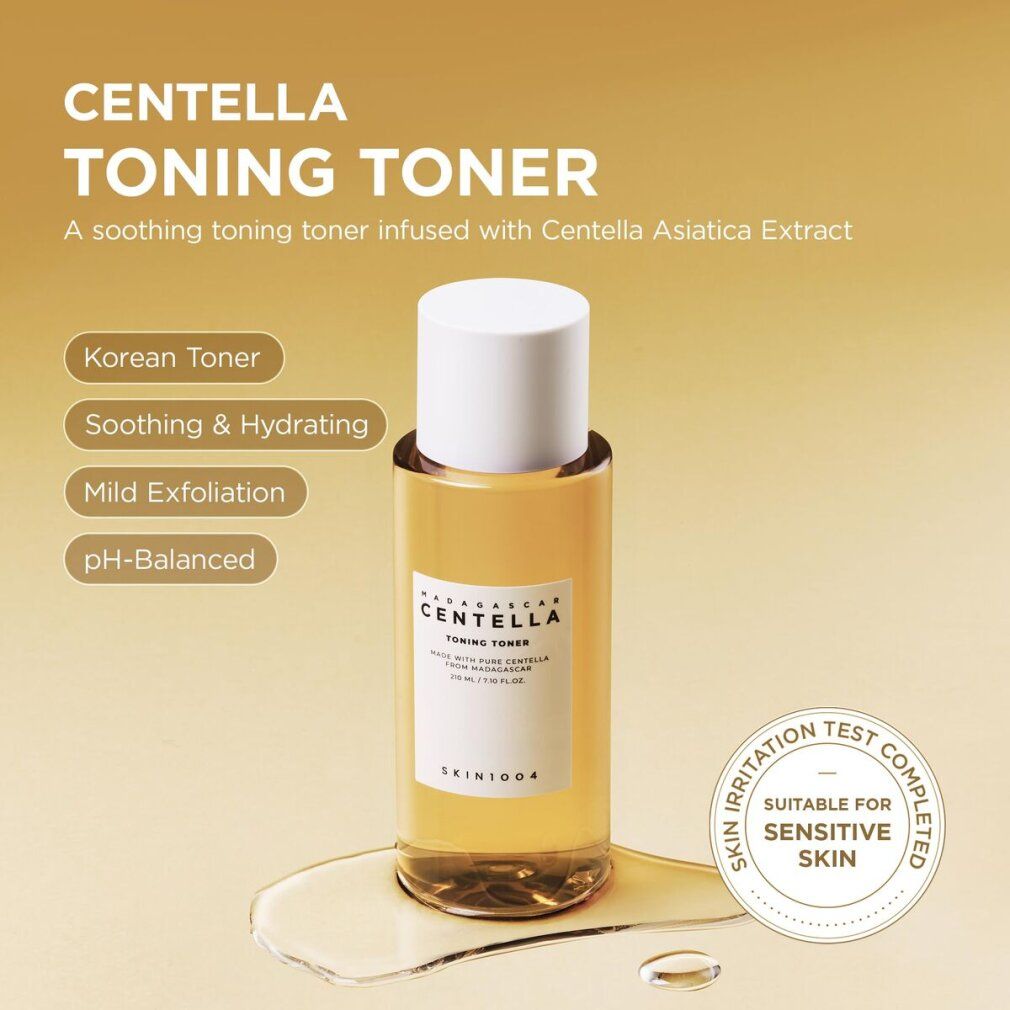 Produkt mit Text. Text: CENTELLA TONING TONER. Koreanischer Toner, pH-ausgewogen.