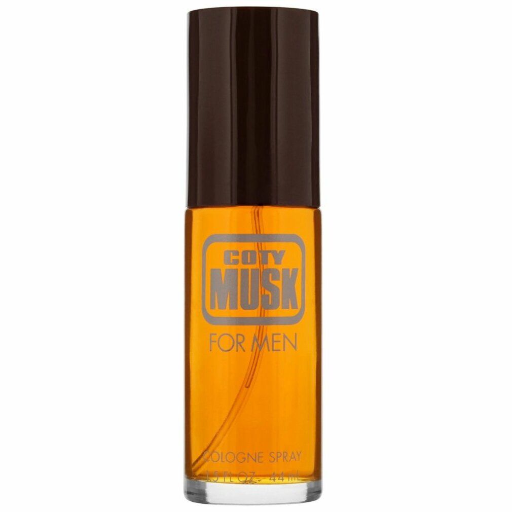 Coty Musk for Men Eau de Cologne Spray. Zylindrischer Flakon, brauner Deckel. Orangefarbene Flüssigkeit. Logo und Schriftzug auf dem Flakon.