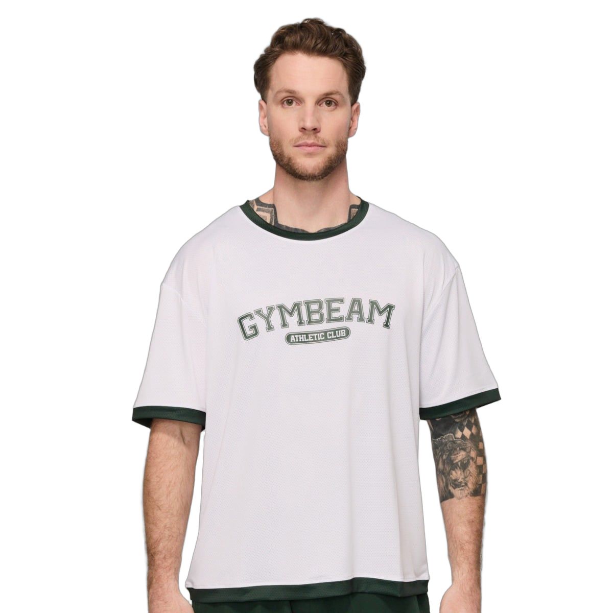 GymBeam T-Shirt Herren Oversized Varsity mit Kurzarm in Weiß 1 St