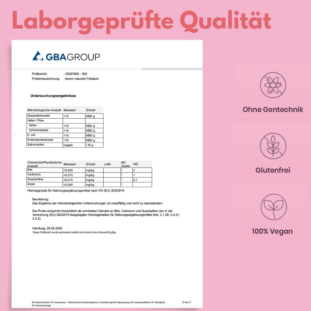 Laborbericht mit Logos: GBA Group, ohne Gentechnik, glutenfrei, 100% vegan. Hintergrund: rosa.