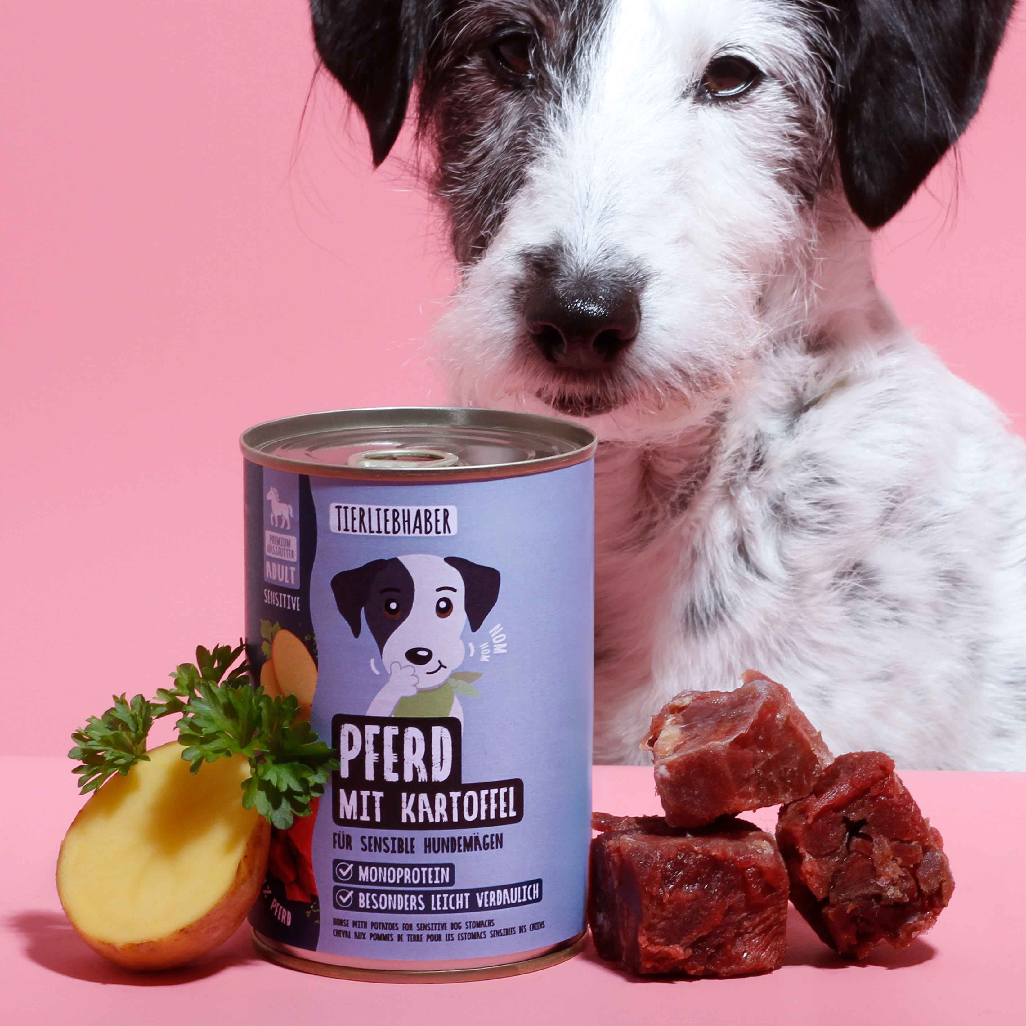 Hundefutterdose mit Aufschrift "Pferd mit Kartoffel". Daneben Kartoffel, Petersilie und Fleischstücke. Im Hintergrund Hund.