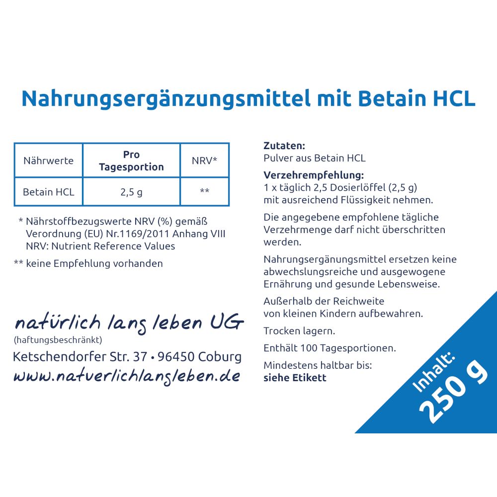 natürlich lang leben Betain HCL Pulver 250 g