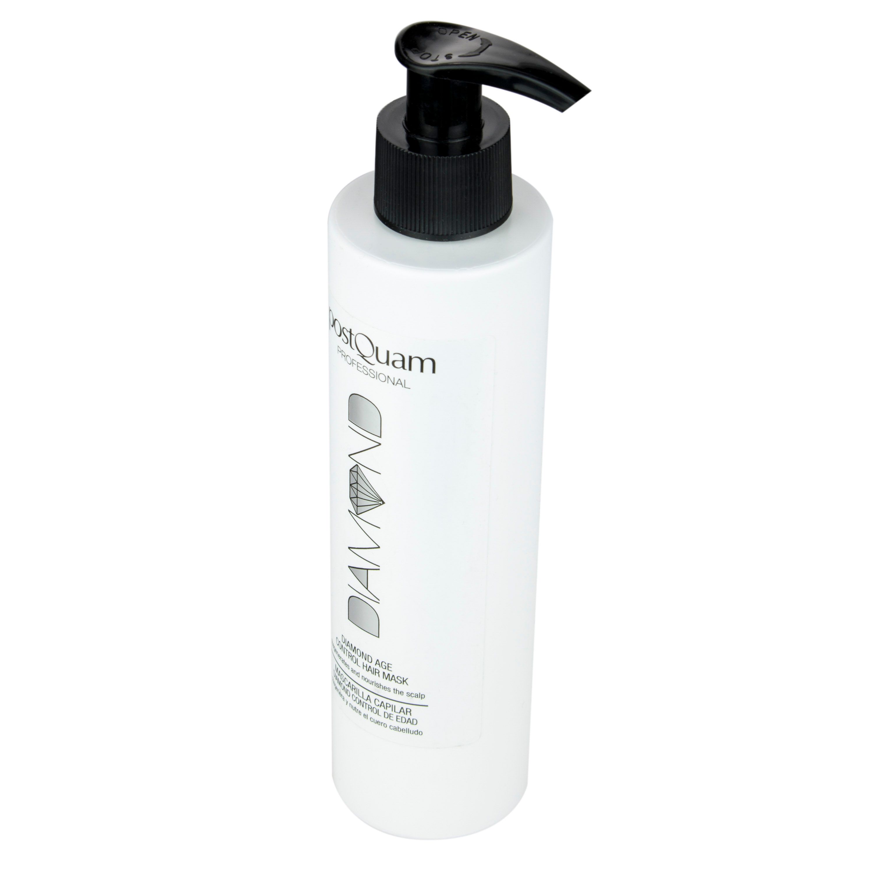 Weiße Flasche mit schwarzem Pumpkopf. Aufschrift DIAMOND und Postquam Professional. Text: DIAMOND AGE CONTROL HAIR MASK.