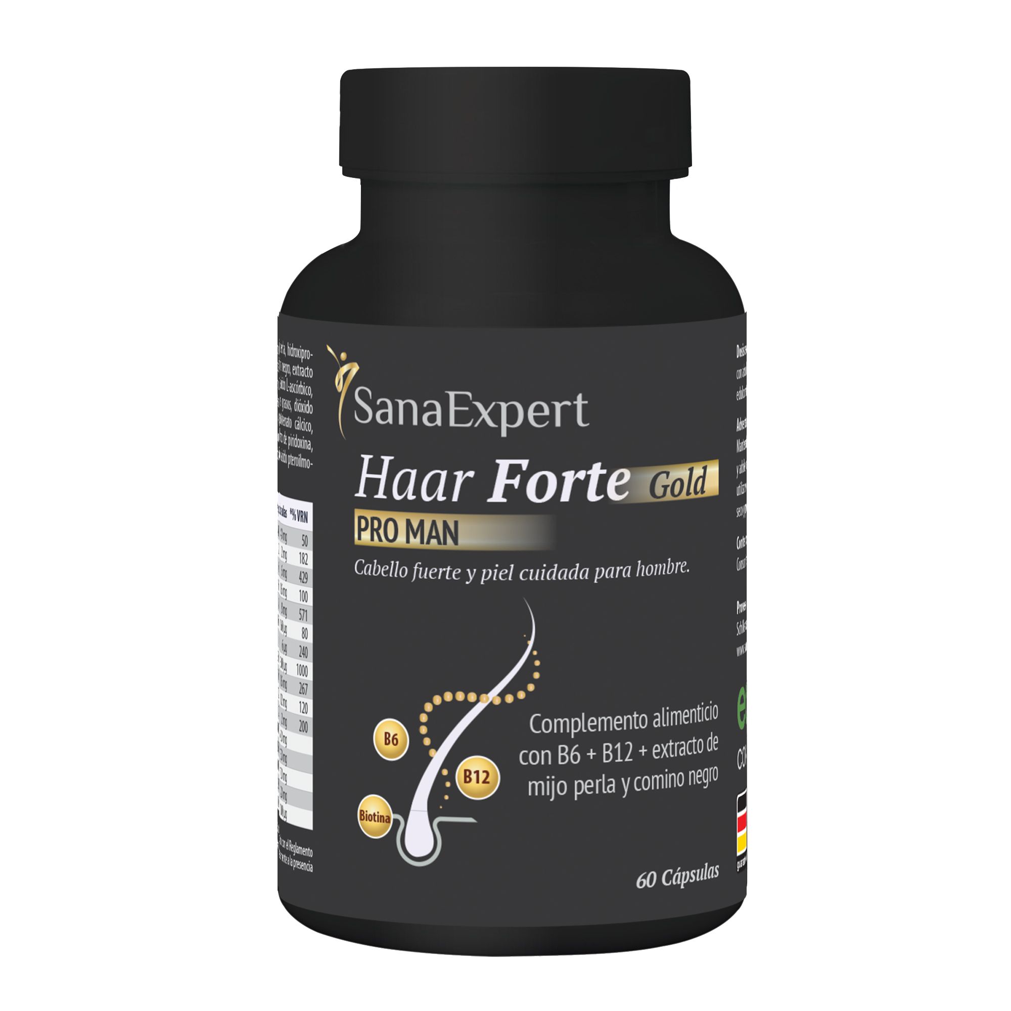 Schwarze Flasche SanaExpert Haar Forte Gold Pro Man. Aufschrift: Cabello fuerte y piel cuidada para hombre.