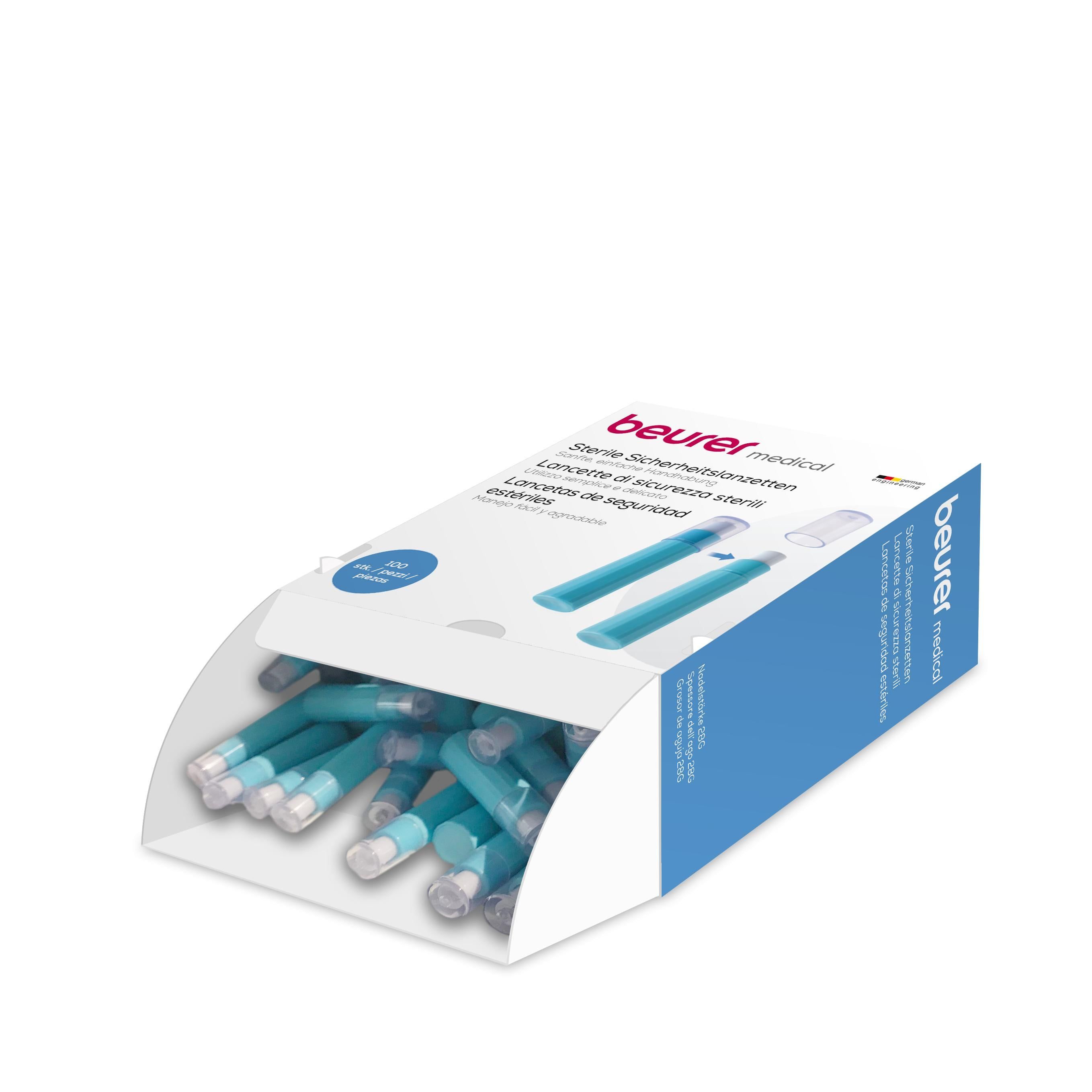 Geöffnete Verpackung mit blauen Lanzetten. Auf der Verpackung steht "beurer medical".
