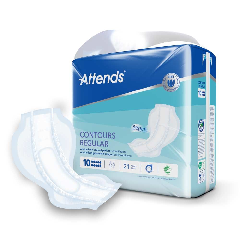 Attends Contours Regular 10. Anatomisch geformte Vorlagen. Verpackung und Produkt. 10 Stück. Blaue und weiße Verpackung mit Logo und Produktbezeichnung.