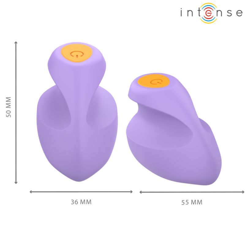 Zwei lila Stimulatoren. Maße: 50x36mm und 55mm. Gelber Knopf. Marke Intense.