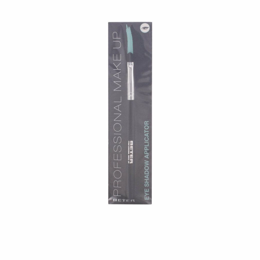 Beter Eye Shadow Applicator in Verpackung. Schwarzer Griff, silberne Metallhülse, hellblauer Applikator. Text: PROFESSIONAL MAKE UP, EYE SHADOW APPLICATOR.
