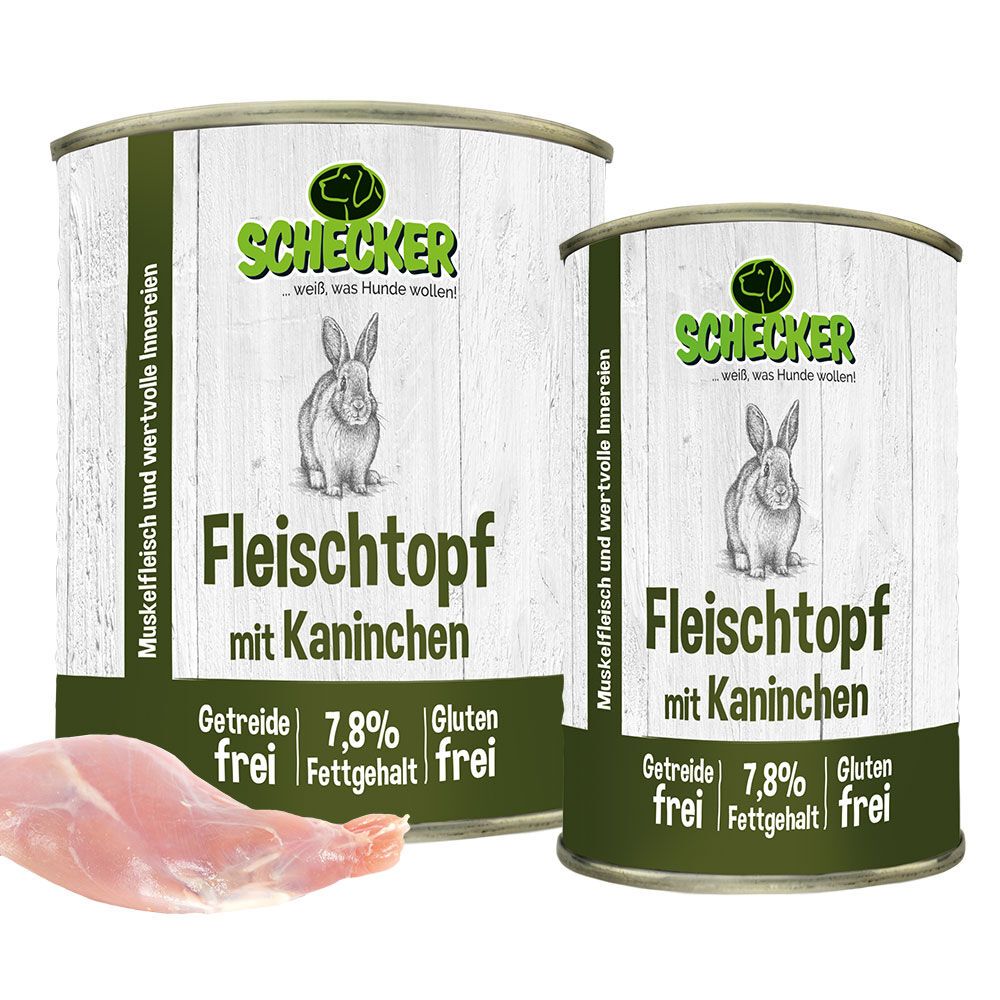Zwei Konservendosen mit Etikett. Aufschrift: Fleischtopf mit Kaninchen, getreidefrei, glutenfrei. Logo: Schecker. Daneben Kaninchenfleisch.