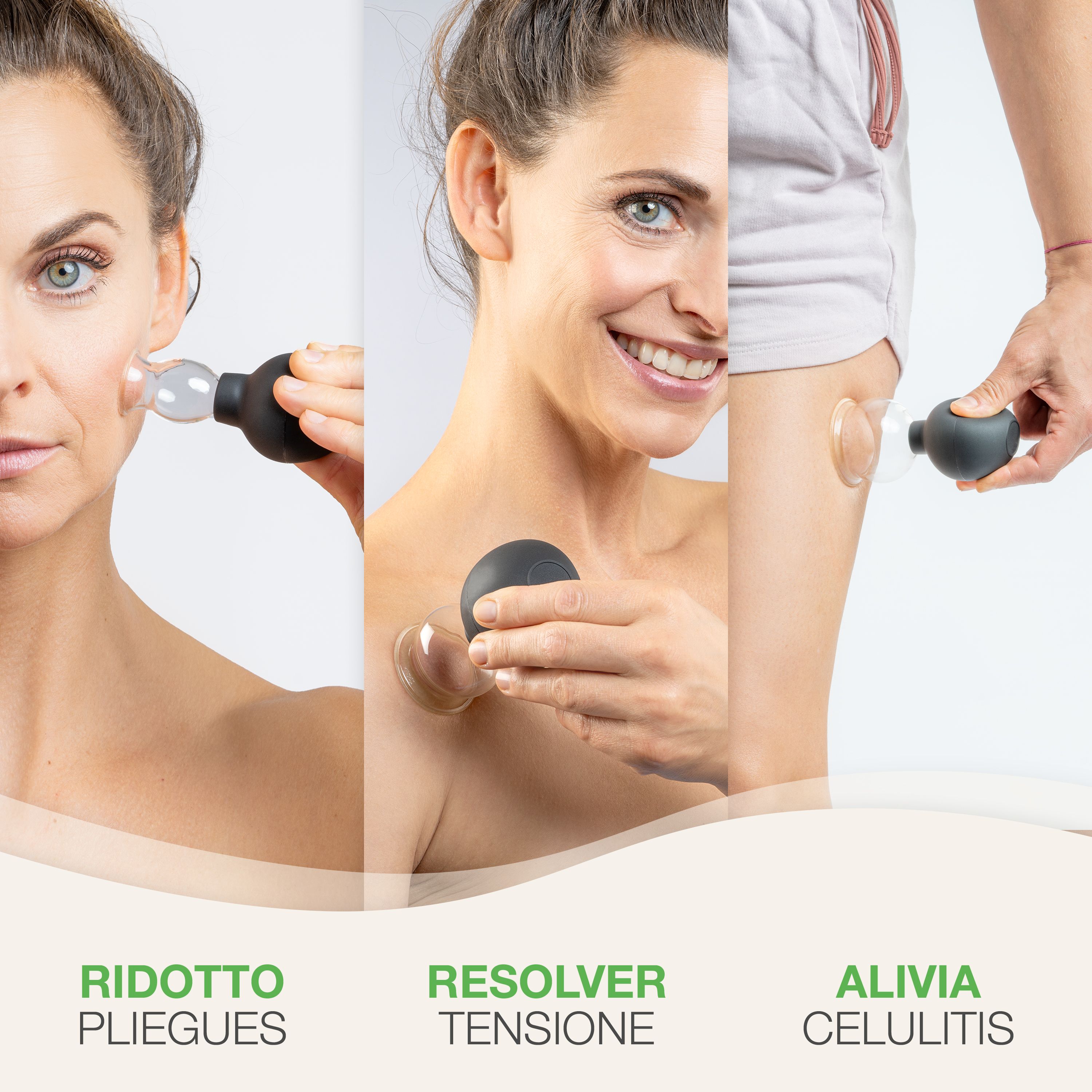 Donna con coppette su viso, spalla e gamba. Testo: Riduce le rughe, allevia la tensione, allevia la cellulite.