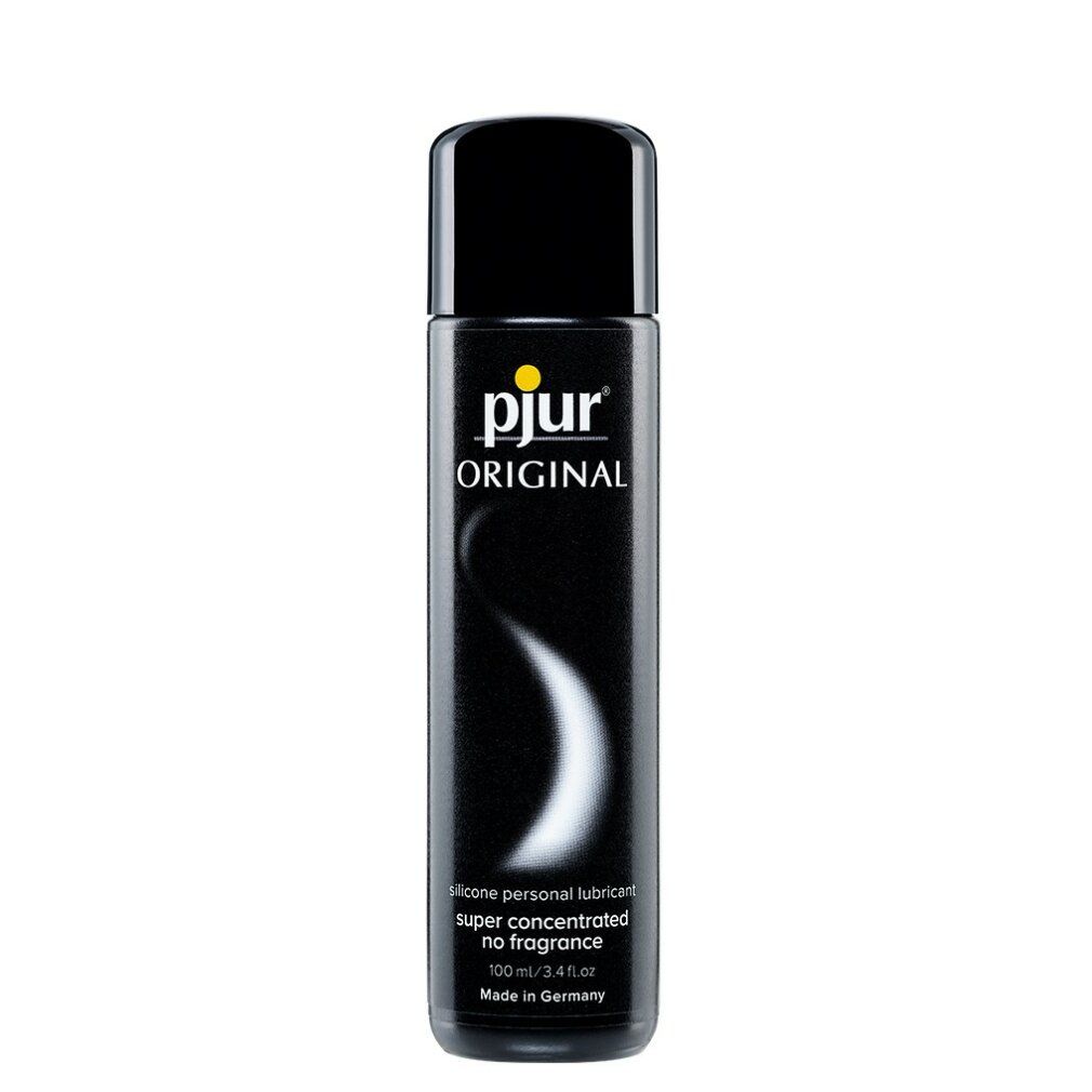 Schwarze Flasche mit schwarzem Deckel. Aufschrift: pjur ORIGINAL. Weiße, geschwungene Linie. Text: silicone personal lubricant no fragrance.
