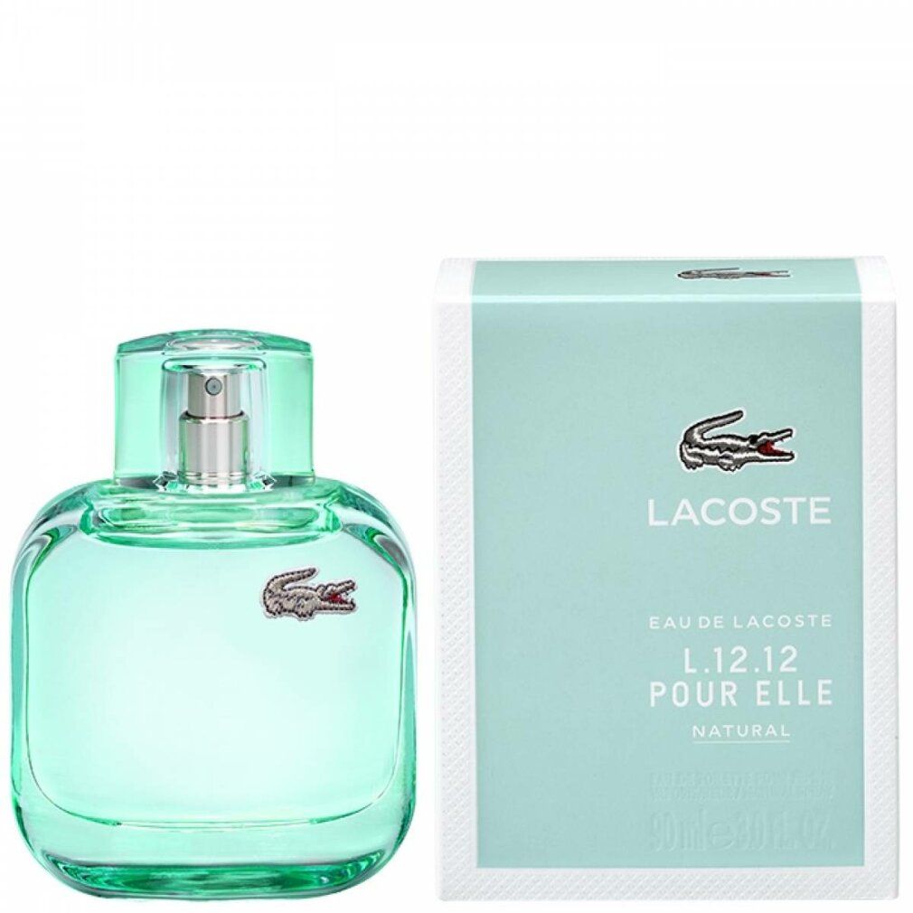 Hellblaue Flasche und Verpackung. Lacoste-Logo und Schriftzug. Produktname und Beschreibung auf der Verpackung.