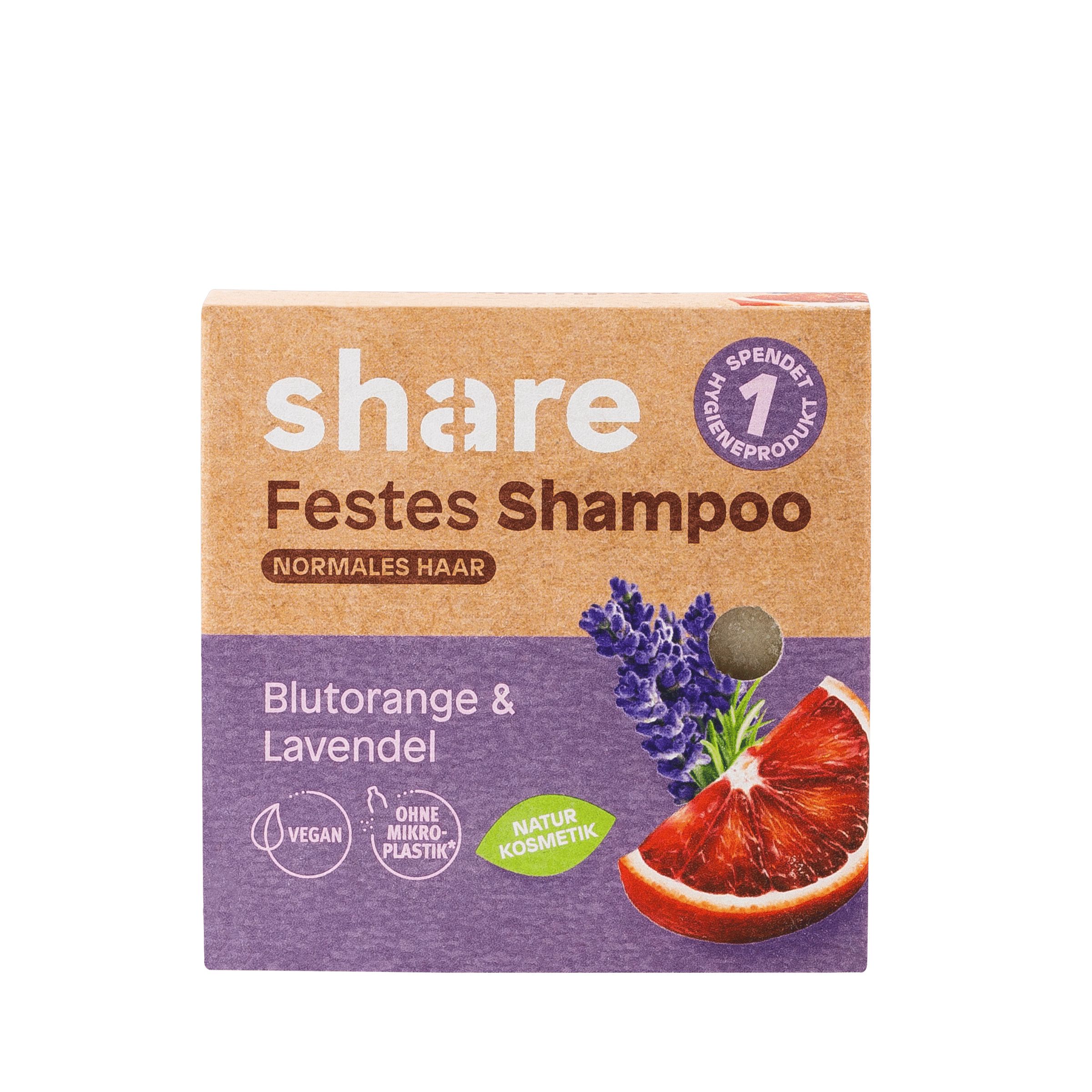 Kartonverpackung mit "share"-Logo und "Festes Shampoo". Abbildung von Blutorange, Lavendel und einem runden Objekt. Text: "Blutorange & Lavendel".