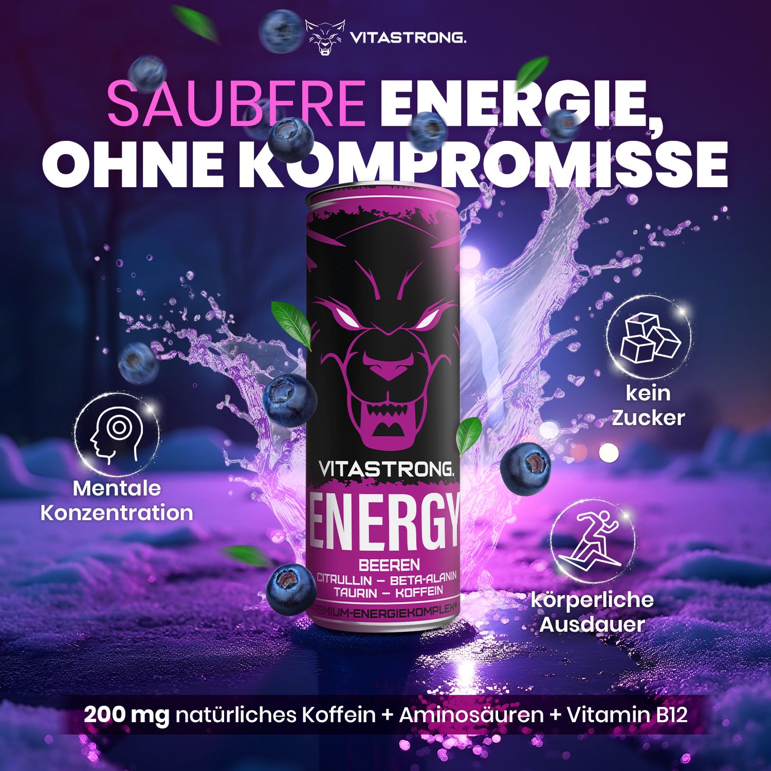Vitastrong Energy Berries Dose. Lila Hintergrund mit Blaubeeren und Icons. Text: Saubere Energie, ohne Kompromisse.