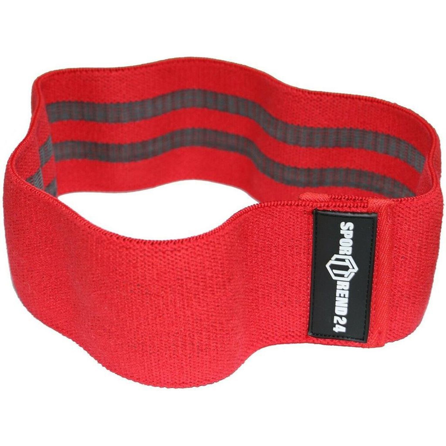 Rotes Loop Band mit grauen Streifen. Schwarzes Label mit SPORTTREND24.