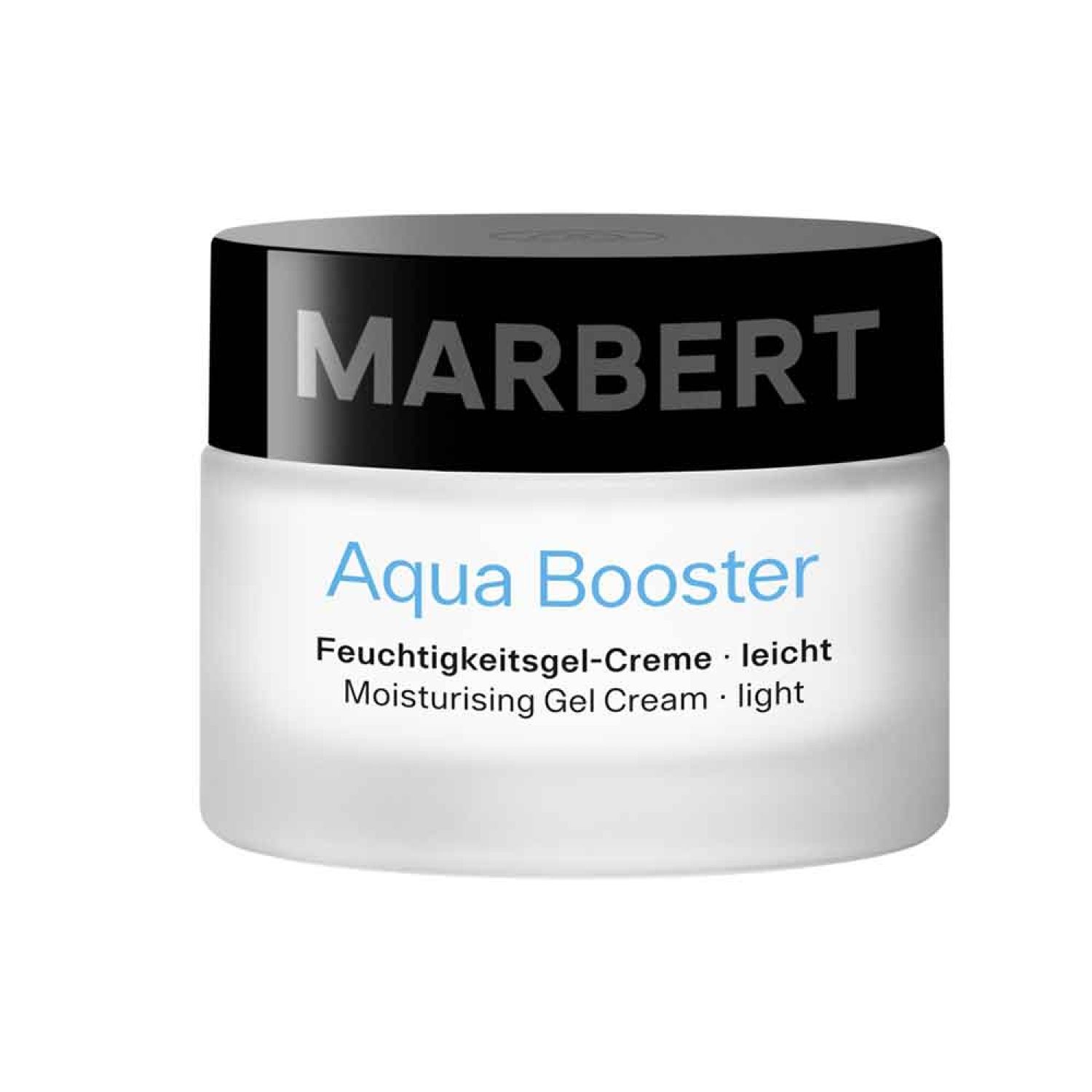 Creme-Tiegel mit schwarzem Deckel. Aufschrift: MARBERT, Aqua Booster, Feuchtigkeitsgel-Creme - leicht, Moisturising Gel Cream - light.