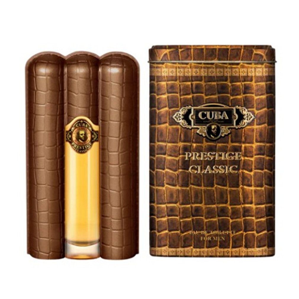 Braune Dose und Flakon. Flakon in Zigarrenform, braun. Dose mit Prägung und Aufschrift Cuba Prestige Classic.