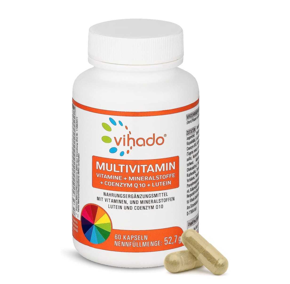 Weiße Flasche mit Kapseln. Aufschrift: Multivitamin, Vihado. Enthält Vitamine, Mineralstoffe, Coenzym Q10 und Lutein. 60 Kapseln.