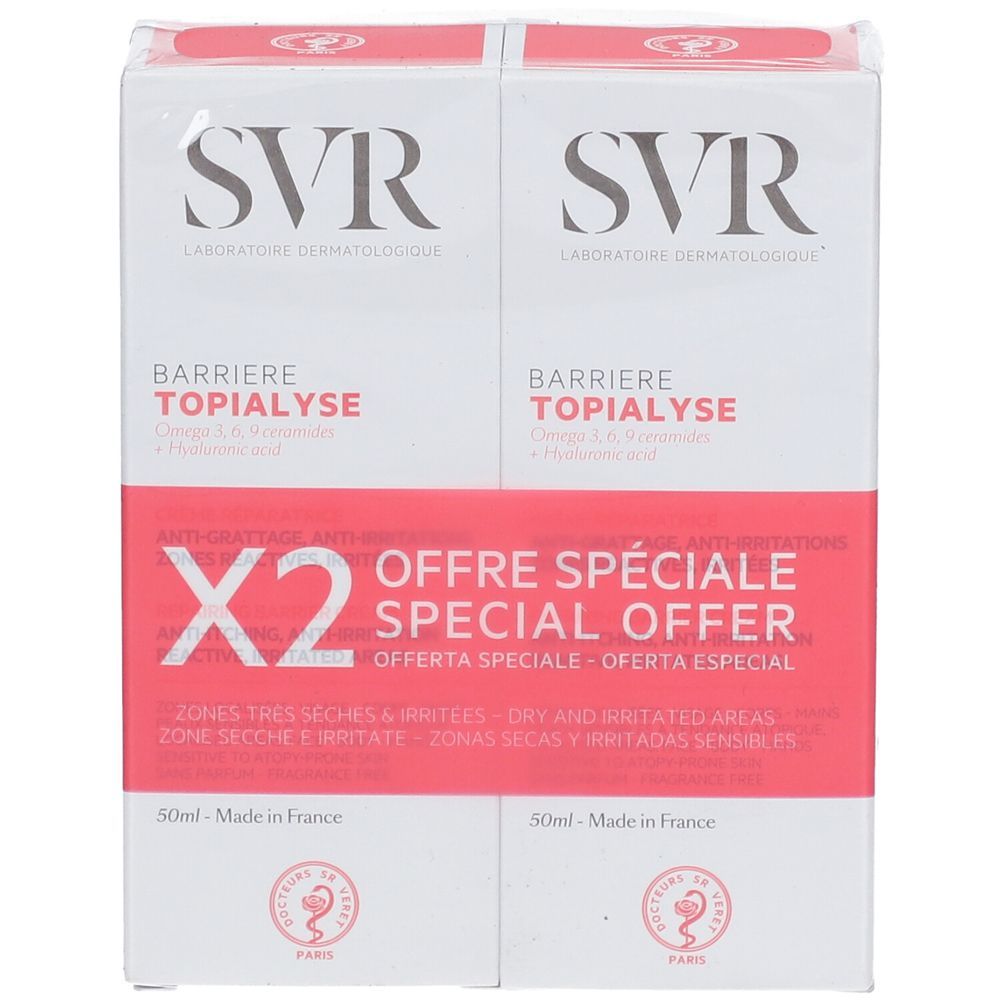 SVR Barriere Topialyse duopack. Wit en rode verpakking met productnaam en logo. "Offre Spéciale" en "X2" zichtbaar.