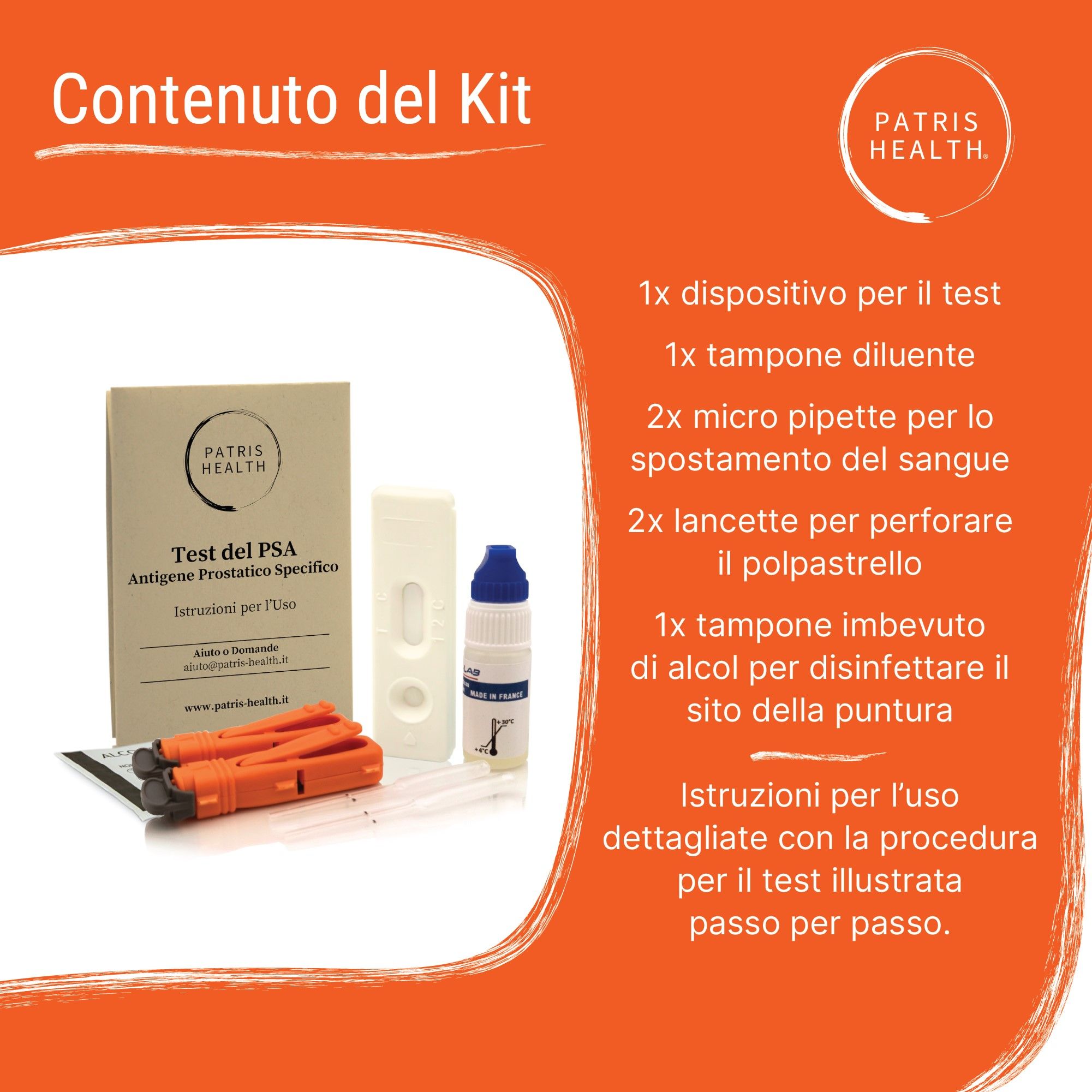 Contenuto del test Patris Health® Prostata-PSA. Dispositivo di test, accessori e istruzioni.
