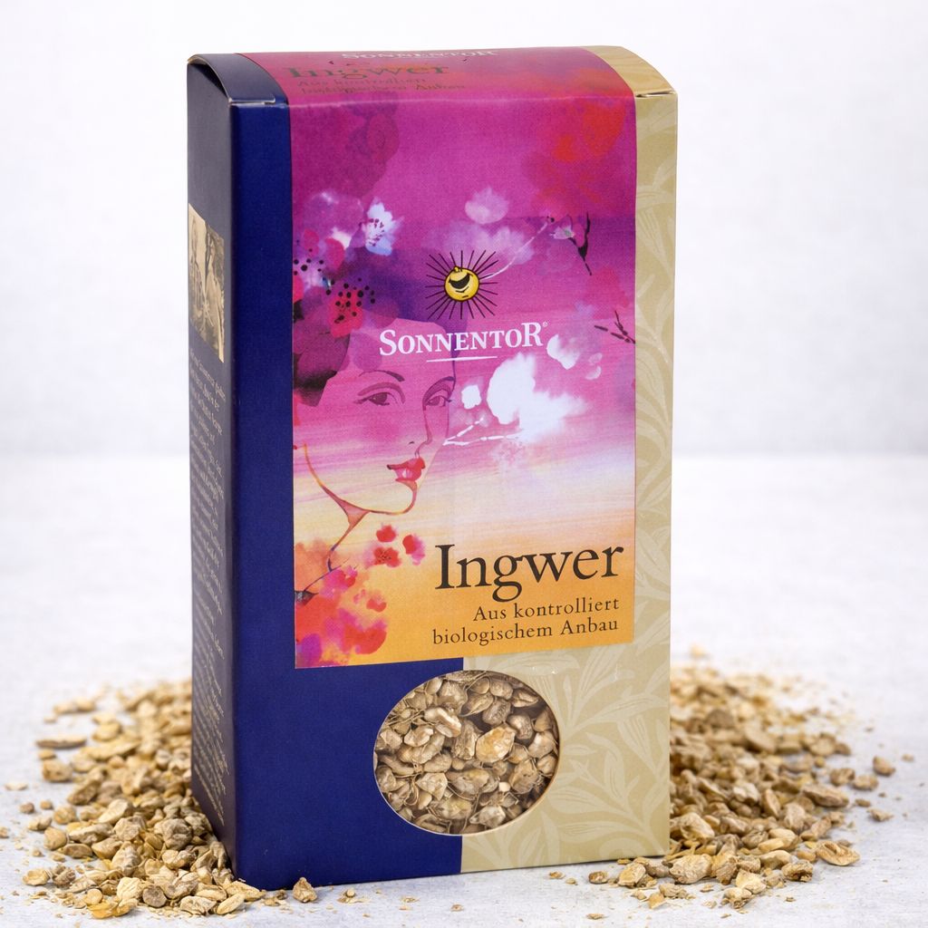 Sonnentore Ingwer lose Bio Tee Packung umgeben von losem Tee.