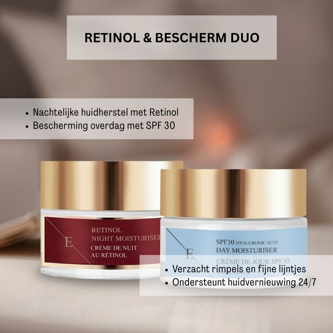 Zwei Cremetiegel, Nachtcreme mit Retinol und Tagescreme mit LSF 30. Text: Retinol & Schutz Duo. Nachtliche Hautheilung, Schutz tagsüber.