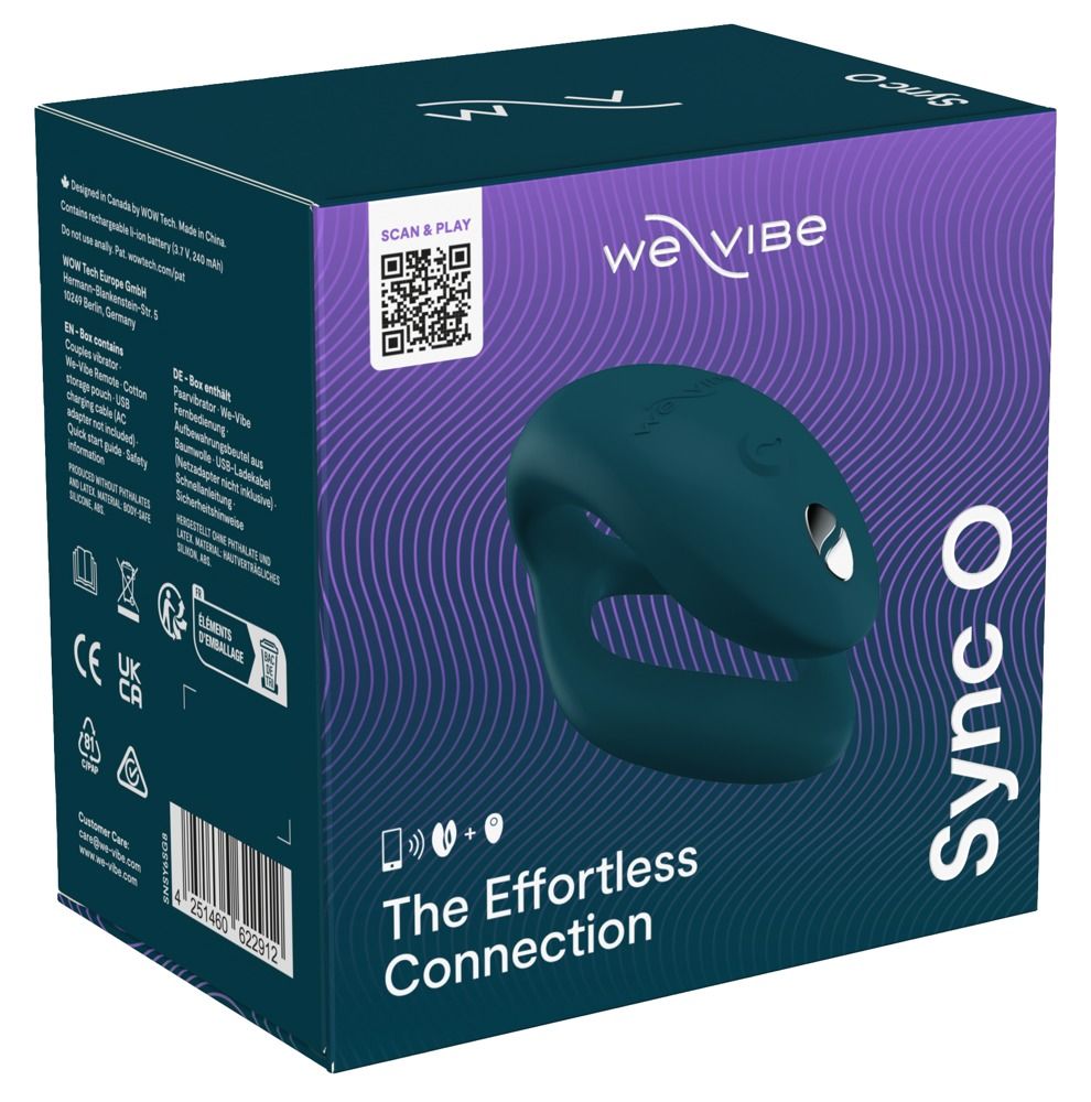 Verpackung von 'We-Vibe Sync O Petrol Green'. Produkt und Verpackungstext. QR-Code und Produktname sind sichtbar.